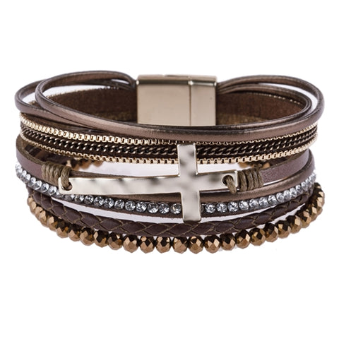 MULTI STRAND LEATHER /METAL CROSS BRACELET