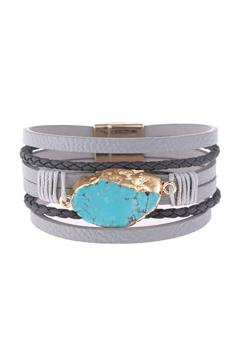 GRAY MULTI LINE LEATHER WITH TURQUOISE STONE AND MAGNETIC LOCK CHARM BRACELET