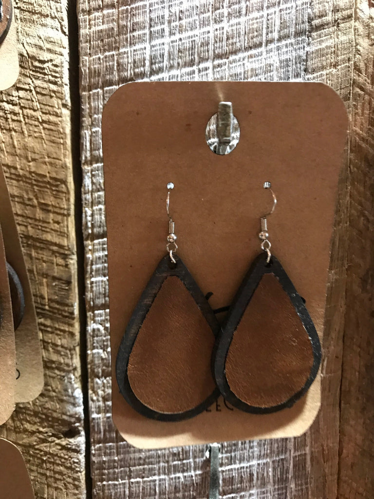 Dark Walnut Teardrop Wood with Brown Leather Inlay Earrings