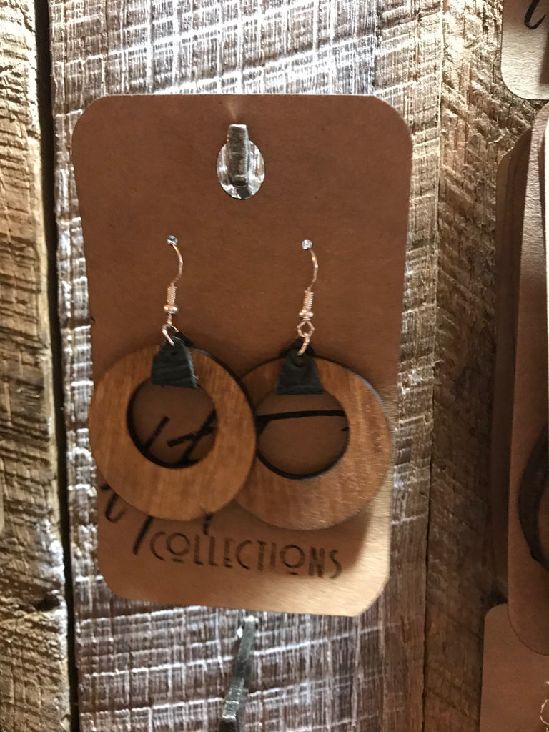 Early American Wide Circle Wood with Black Leather Earrings