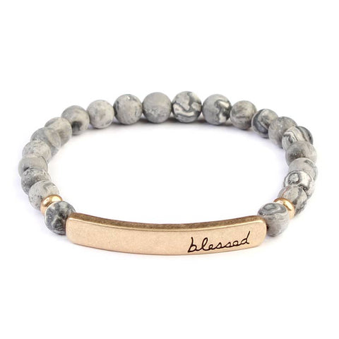 "BLESSED" GRAY NATURAL STONE STRETCH BRACELET