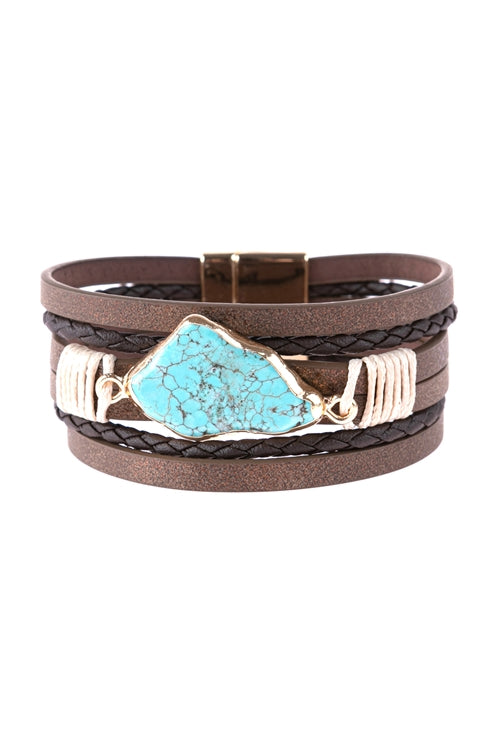 BROWN MULTI LINE LEATHER WITH TURQUOISE STONE MAGNETIC LOCK CHARM BRACELET