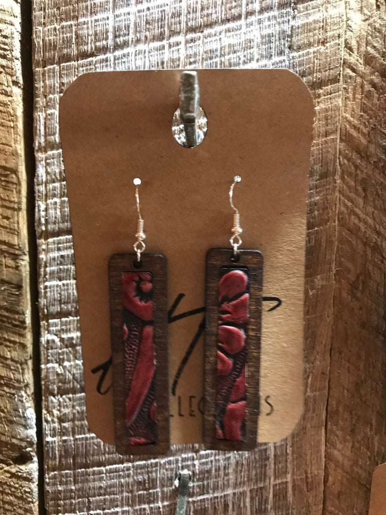 Rectangle Wood with Leather Burgundy Floral Leather Inlay Earrings