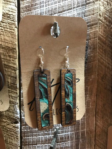 Rectangle Wood with Leather Green and Brown Leather Inlay Earrings