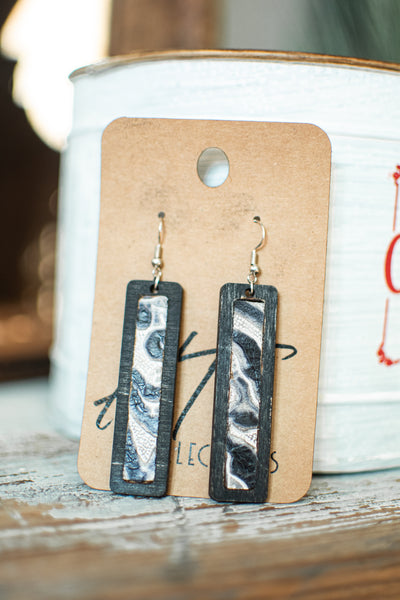 Rectangle  Wood with Leather Black and White Leather Inlay Earrings