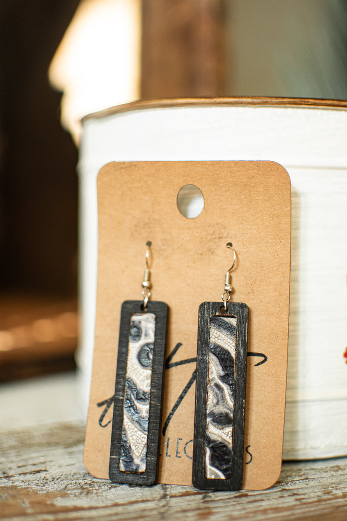 Rectangle  Wood with Leather Black and White Leather Inlay Earrings