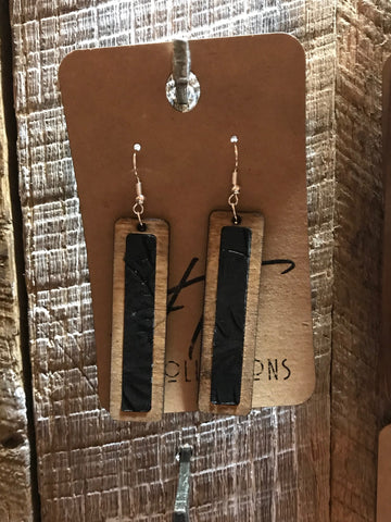 Rectangle Wood with Black Leather Inlay Earrings