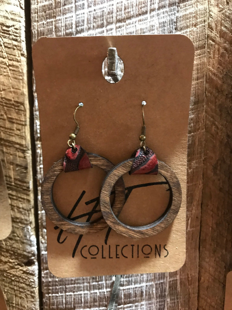 Open Circle Wood with Burgundy Leather Earrings
