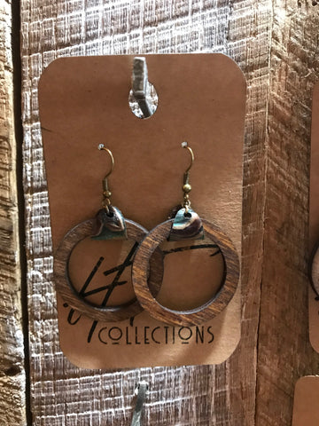 Open Circle Wood with Green and Brown Leather Earrings