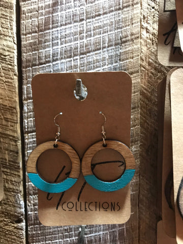Open Circle Wood with Aqua Accent Earrings