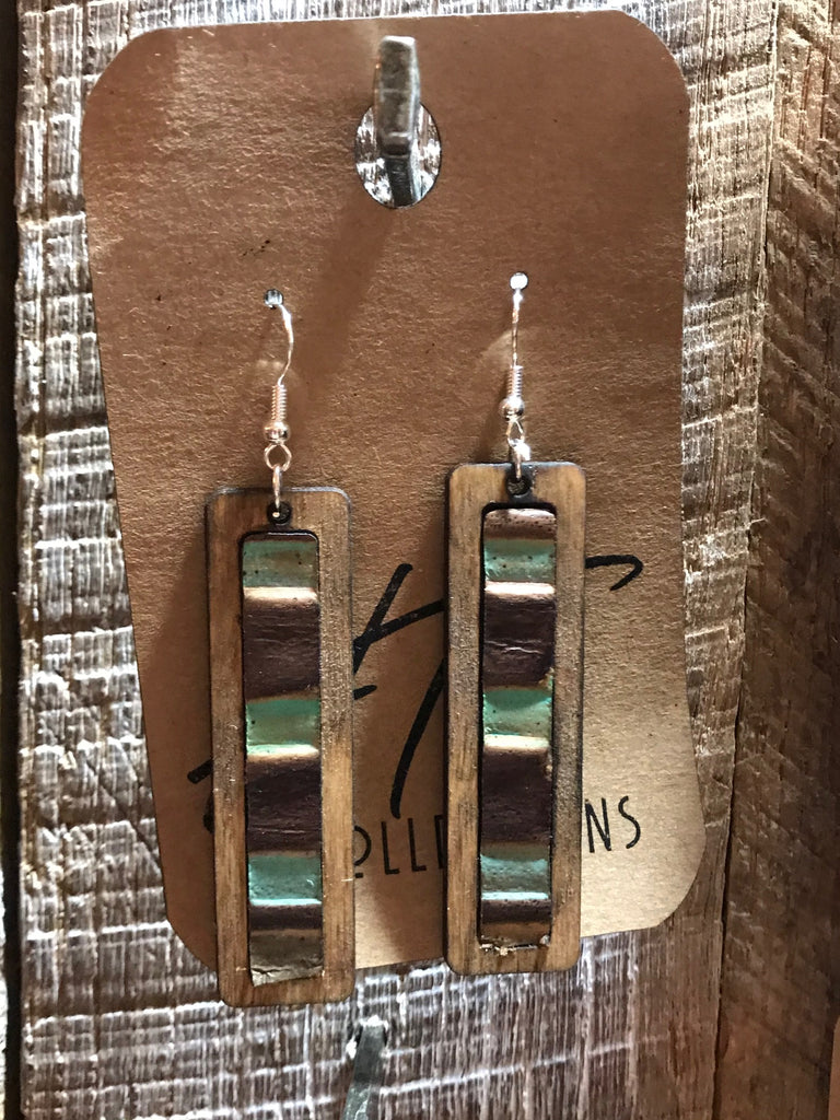 Rectangle Wood with Leather Green , Brown and Tan 2 Leather Inlay Earrings