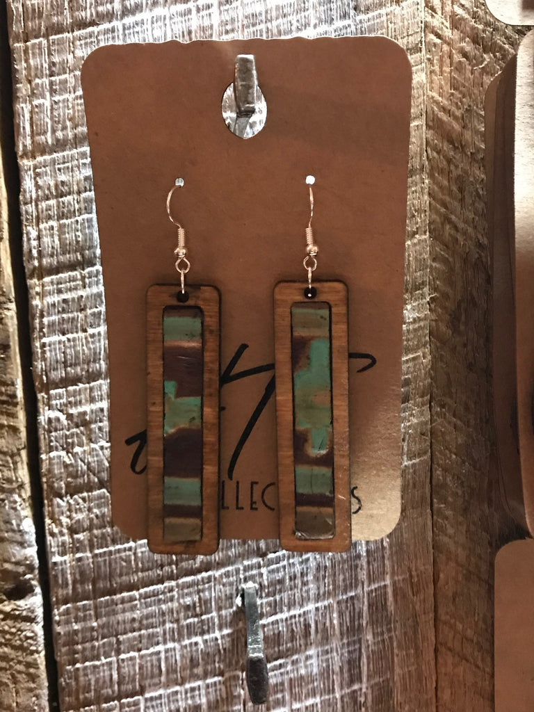 Rectangle Wood with Leather Green , Brown and Tan Leather Inlay Earrings