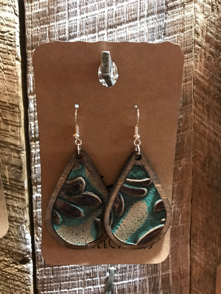 Early American Teardrop Wood with Green and Brown Leather Inlay Earrings