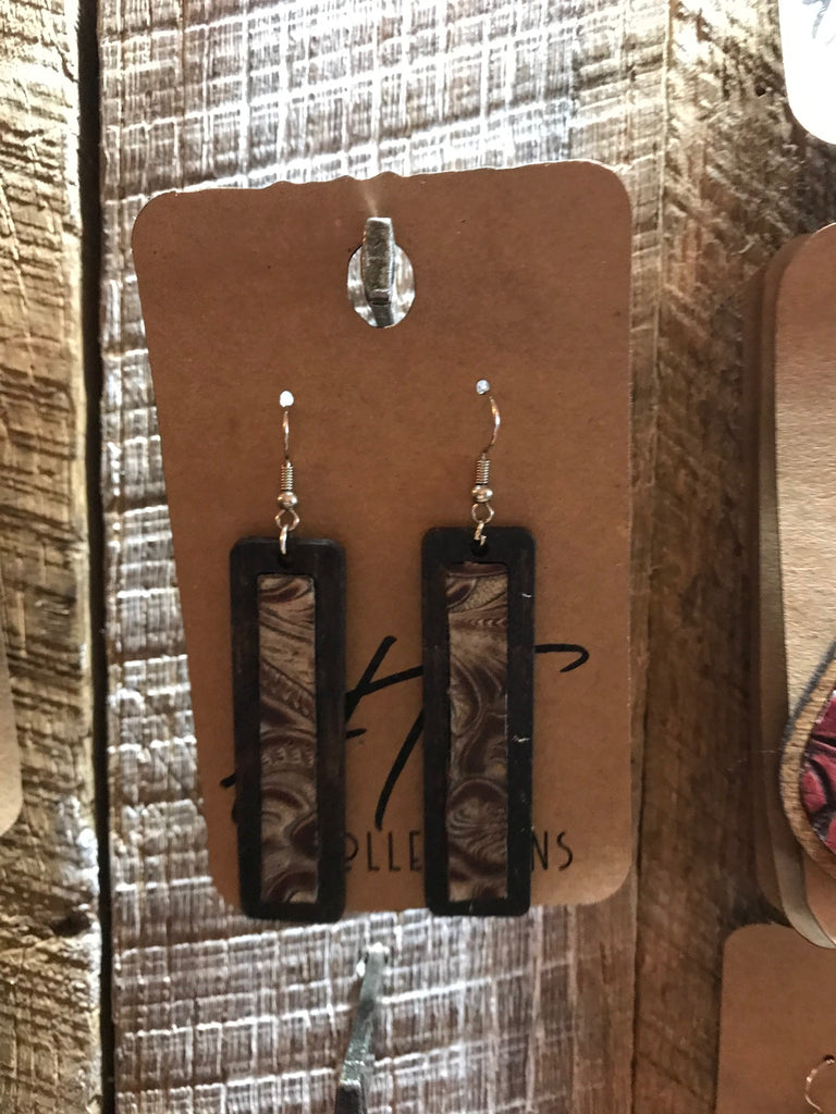 Dark Walnut Rectangle Wood with Ivory and Tan Leather Inlay Earrings