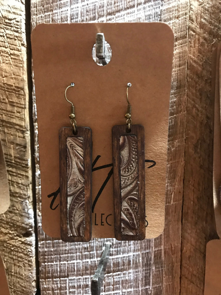 Rectangle Wood with Ivory and Tan Leather Inlay Earrings