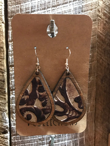 Early American Teardrop Wood with Ivory and Tan Leather Inlay Earrings