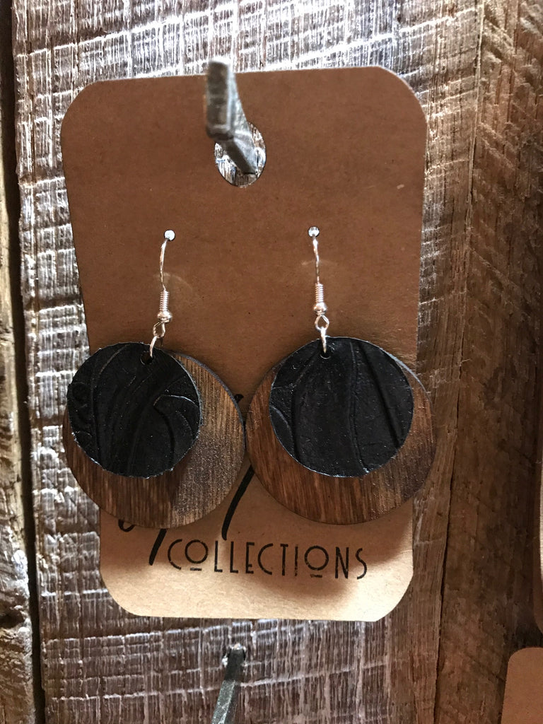 Solid Circle Wood with Black Leather Earrings