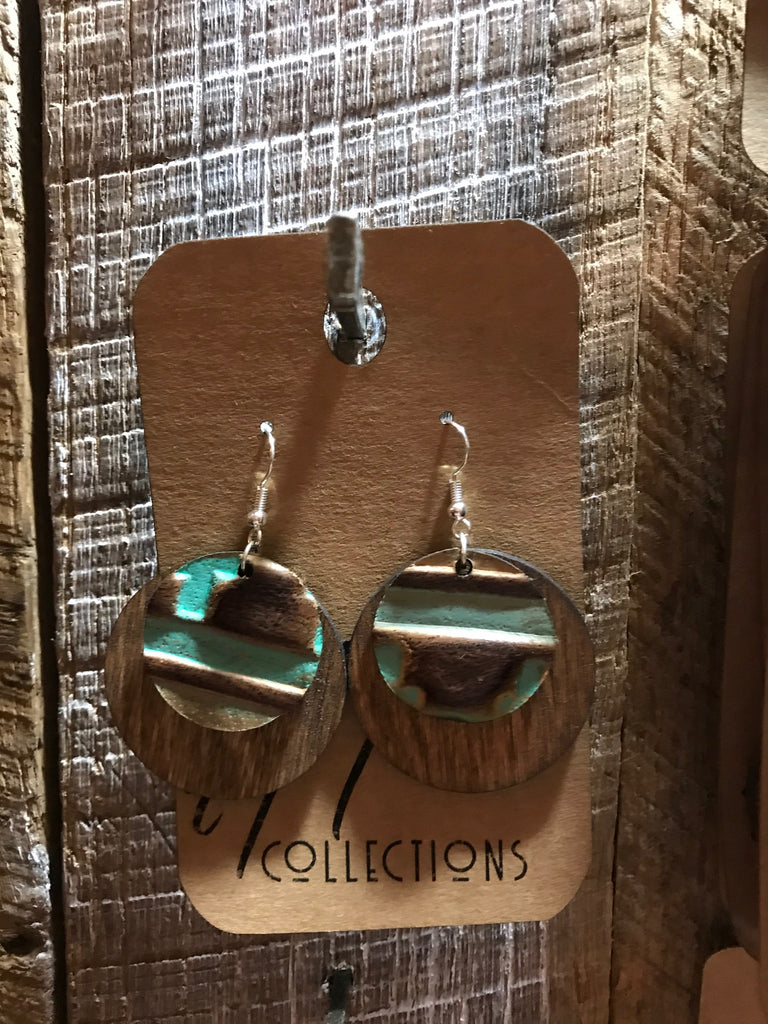 Solid Circle Wood with Green and Brown Leather Earrings