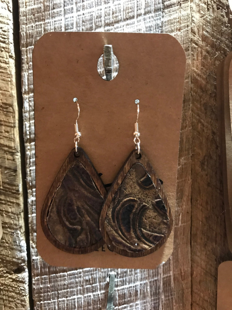 Early American Teardrop Wood with Taupe and Tan Leather Inlay Earrings