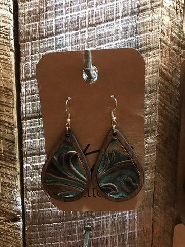 Early American Teardrop Wood with Teal and Brown Leather Inlay Earrings