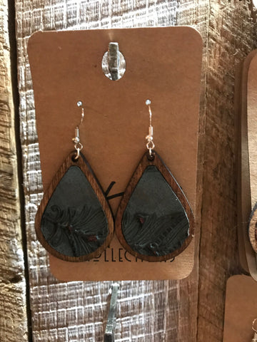 Early American Teardrop Wood with Teal Leather Inlay Earrings