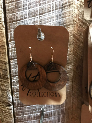 Dark Walnut Wide Circle Wood with Brown 2 Leather Earrings