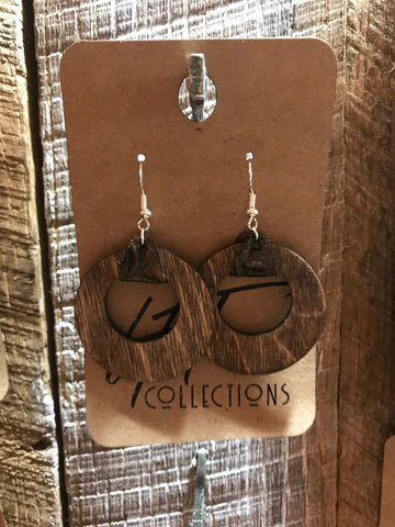 Dark Walnut Wide Circle Wood with Brown Leather Earrings