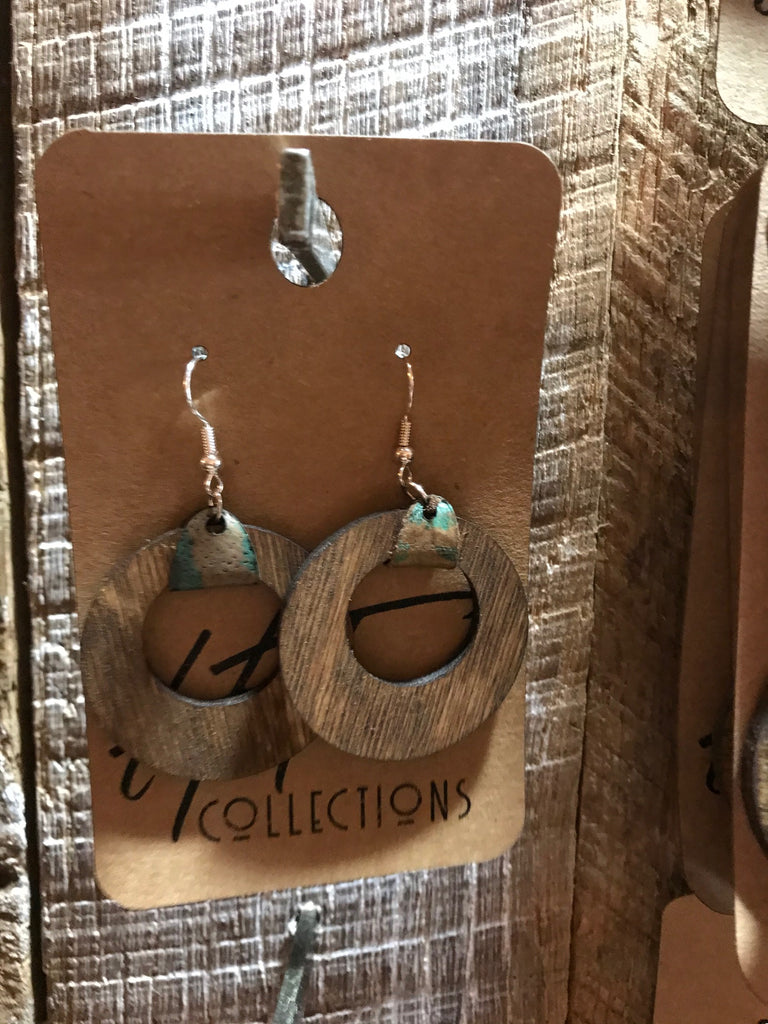 Early American Wide Circle Wood with Teal and Brown Leather Earrings